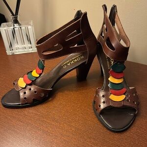 Brown and mustard two and half inch heel Sandals with Stiletto Heel. Brand new!
